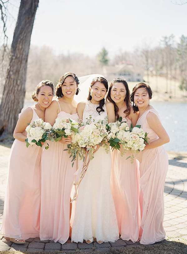 pink bridesmaids, white garden style bouquets | Heather Payne Photography