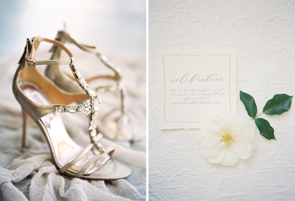 badgley mischka wedding shoes, brown linen invitations | Heather Payne Photography
