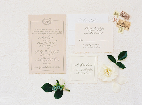 tea stained wedding invitations, brown linen, calligraphy suite | Heather Payne Photography