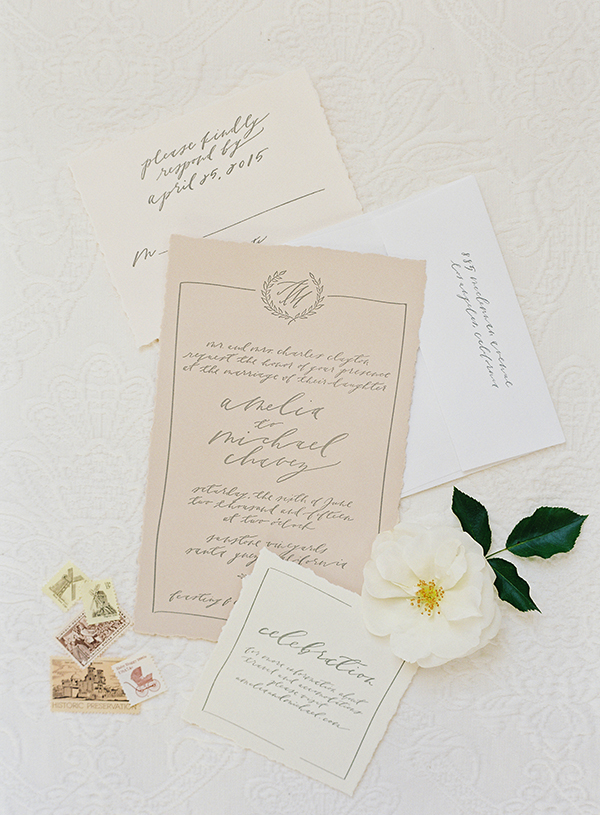 tea stained wedding invitations, calligraphy suite, brown linen design | Heather Payne Photography