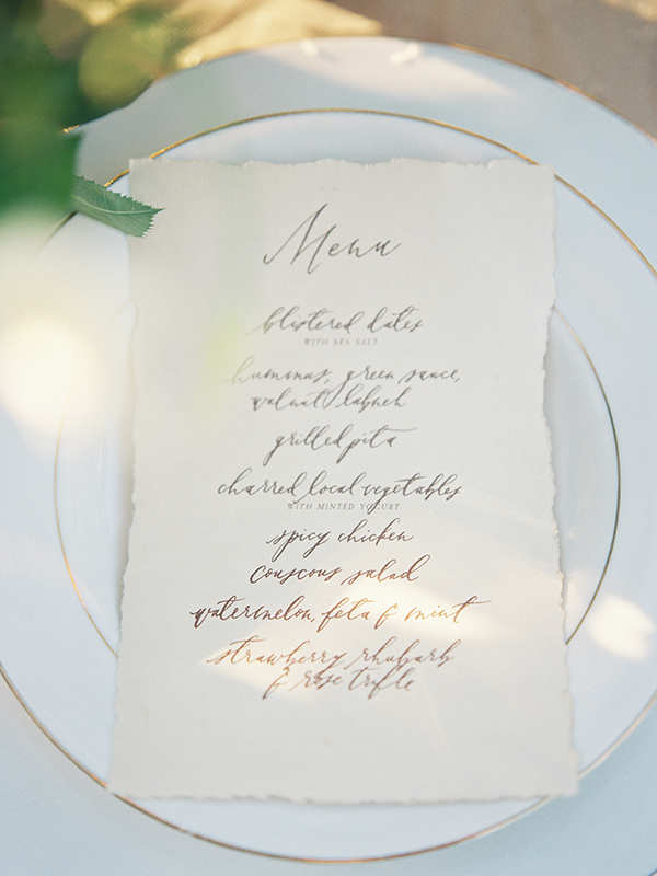 tea stained menu, wedding stationary, brown linen | Heather Payne Photography
