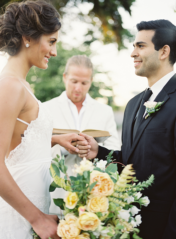 wedding ceremony, yellow flowers, inbal dror gown | Heather Payne Photography