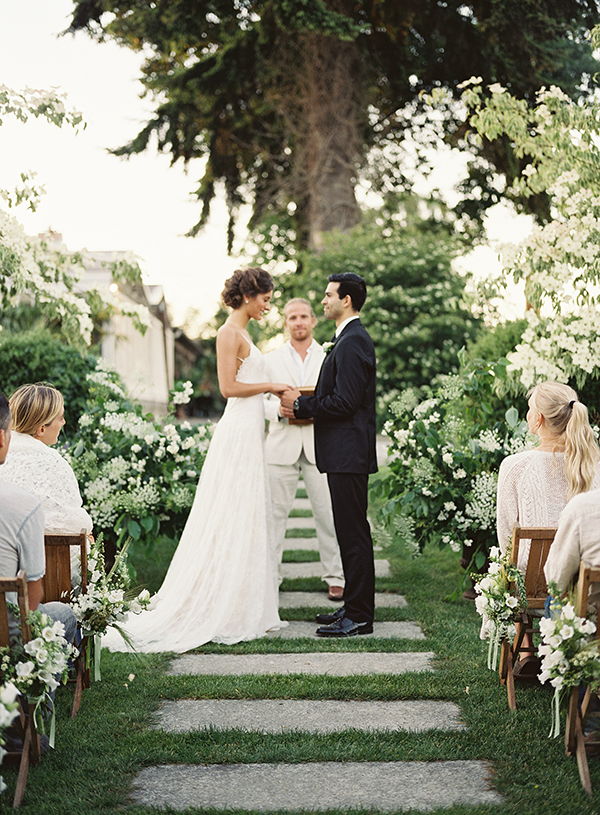 intimate wedding ceremony, lush green and white wedding flowers | Heather Payne Photography