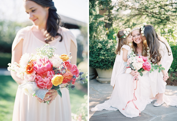 flower girl dresses and flower crowns, bright pink wedding bouquet