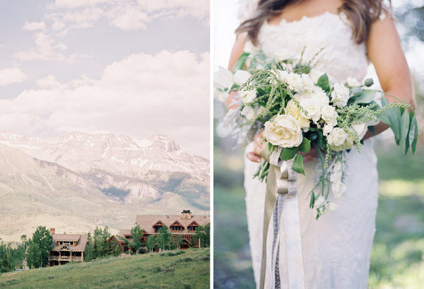 mountain lodge wedding in colorado, colorado wedding photographer, white and green bouquet