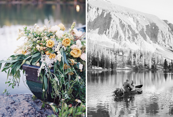 flowered canoe, wedding canoe, wedding flowers canoe, telluride wedding, colorado