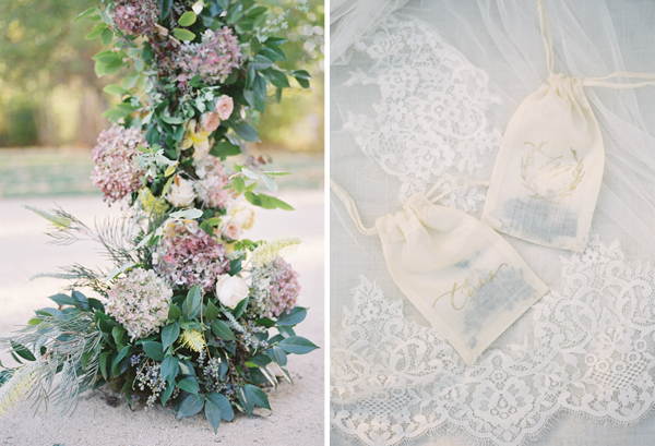 hydrangea wedding arch, lavendar toss bags, lacy geary design | Heather Payne Photography