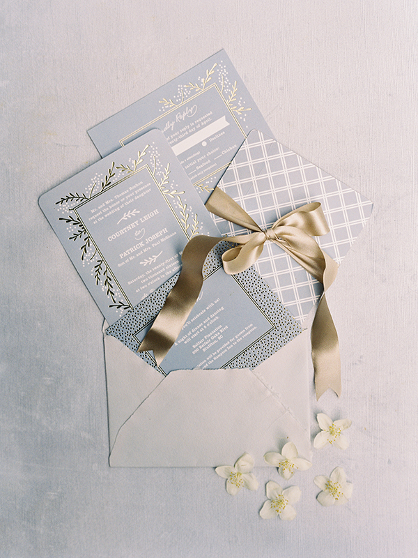 Blue and Gold Wedding Invitations, Destination Wedding Photographer, Belfair Plantation | Heather Payne Photography