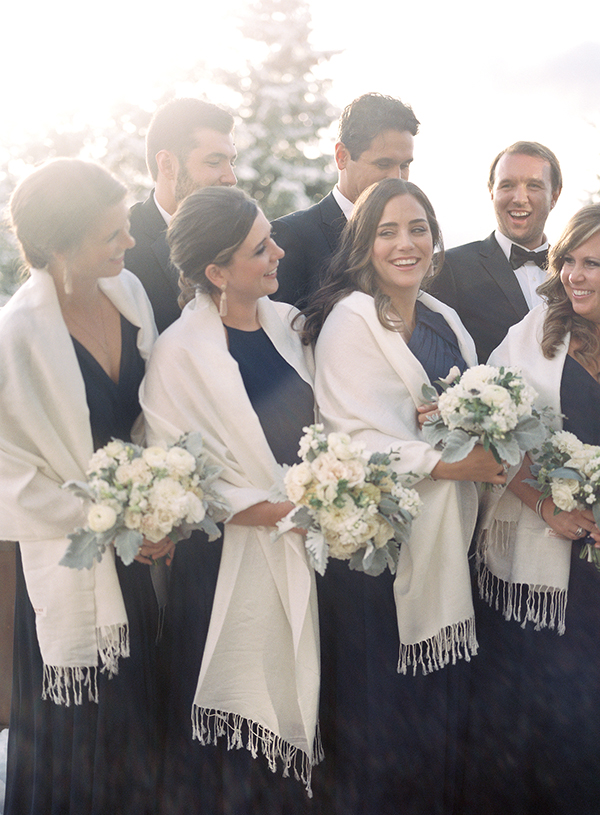 Winter Snow Wedding, Bridesmaids Shawl, Blue Dresses | Heather Payne Photography