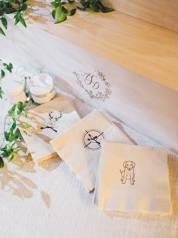 Grooms details napkins, dog, hunting, calligraphy, Brown Linen Design, Film Photography  | Heather Payne Photography