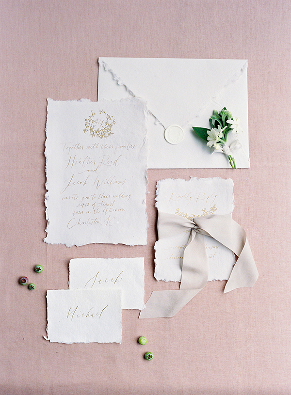 delicate wedding paper, gold calligraphy, pink | Heather Payne Photography
