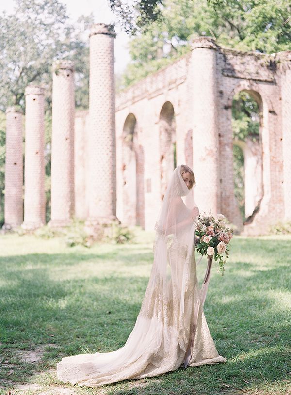 Romantic Wedding in Charleston, Cathedral lace veil, inbal dror, ancient ruins | Heather Payne Photography