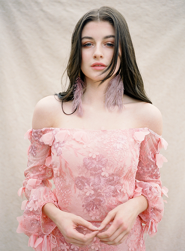 marchesa, pink petal gown, feather earrings, marchesa fashion photographer | Heather Payne Photography