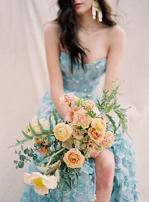 marchesa notte, peach flowers, blue wedding gown, fashion photographer | Heather Payne Photography
