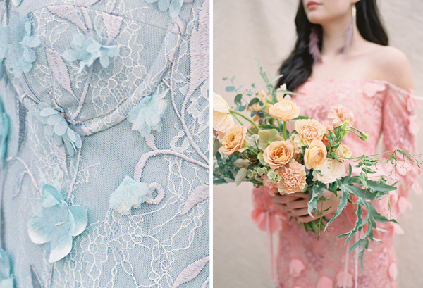marchesa, colorful wedding gown, couture, marchesa notte, peach flowers | Heather Payne Photography