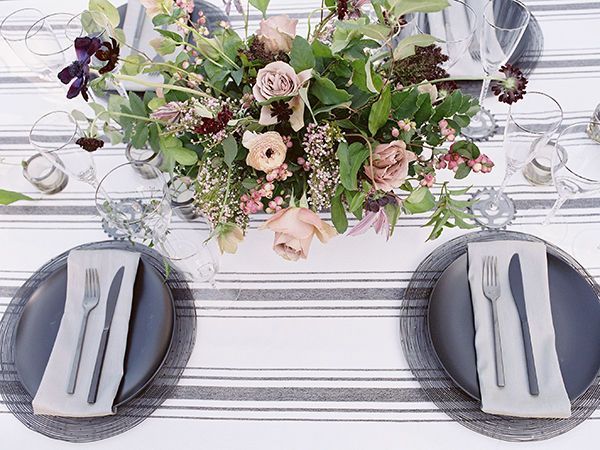 Black Plates, Purple Wedding Flowers, Striped Linens, Moody California Wedding, Film  | Heather Payne Photography 