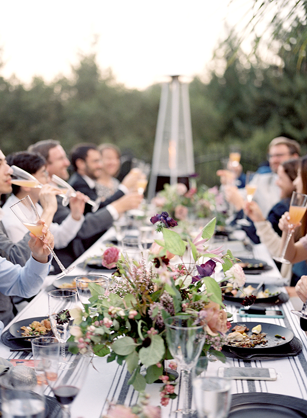 California Wedding Reception, Long Table, Black Chargers, Striped Linens, Santa Barbara Film Photographer  | Heather Payne Photography 