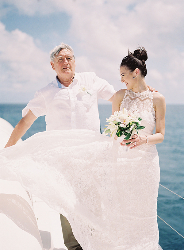 catamaran wedding, dad and bride, st lucia wedding | Heather Payne Photography