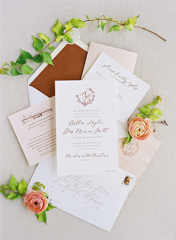 Brown Linen Design, Copper Invitation Suite, Calligraphy, Destination Film Wedding Photographer | Heather Payne Photography
