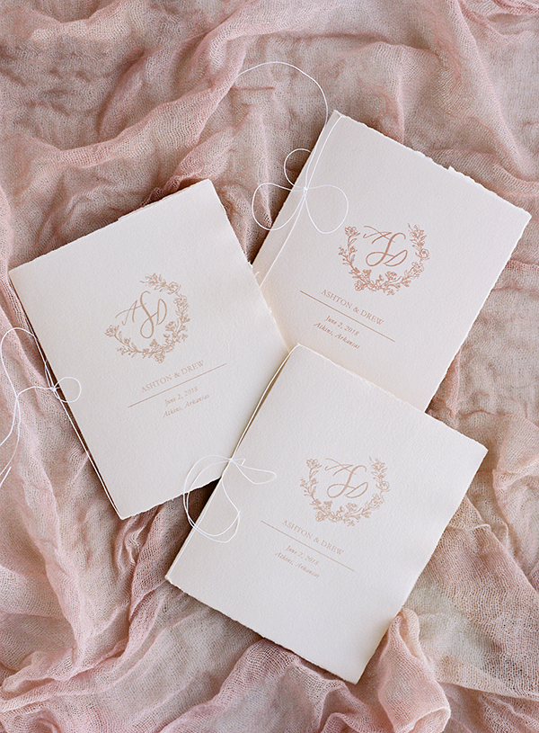 Wedding Programs, Calligraphy, Custom Wedding Crest, Brown Linen Design, Mauve Wedding in Arkansas, Meadow on the Mountain  | Heather Payne Photography