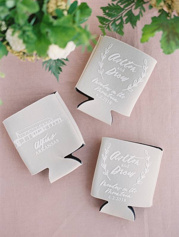 Personalized Calligraphy Wedding Coozies, Brown Linen Design, Mauve and Gray  | Heather Payne Photography