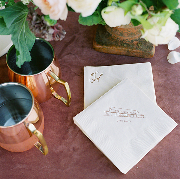 Custom Branded Wedding Napkins, Brown Linen Design, Moscow Mules,  Calligraphy, Fine Art Film Photographer  | Heather Payne Photography