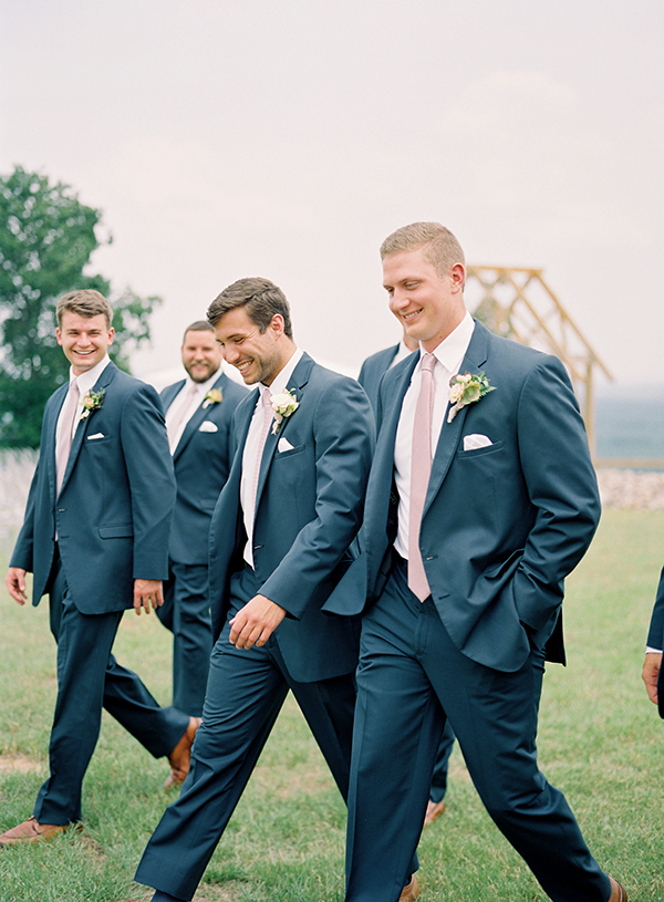 Groom and Groomsmen, Navy Suits, Pink ties, Outdoor Arkansas Wedding, Romantic  | Heather Payne Photography