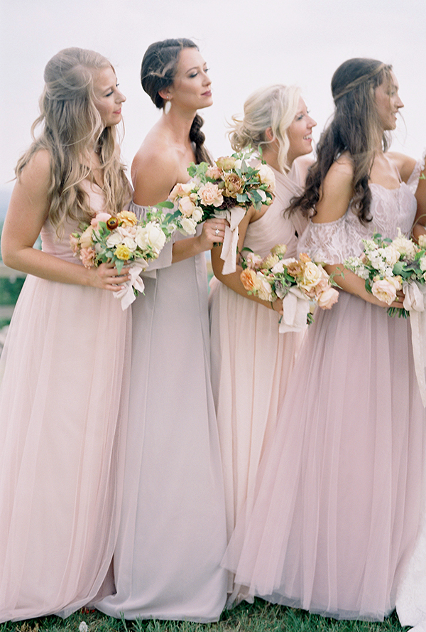 Pink Bridesmaids, Multicolored, layered gowns, Pink and Purple wedding in arkansas, zimmerman events  | Heather Payne Photography