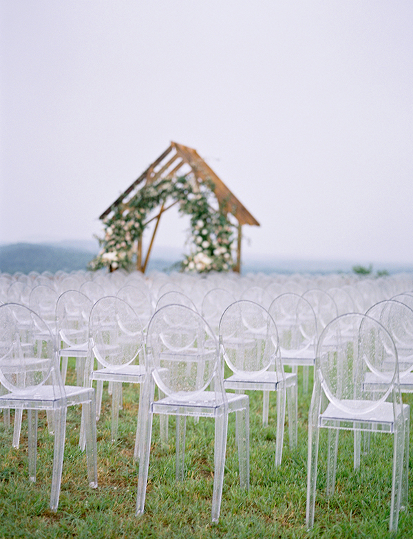 Outdoor Ceremony, Clear Wedding Chairs, Romantic Grand Wedding, Floral Wedding Arch, Arkansas Film Photographer  | Heather Payne Photography