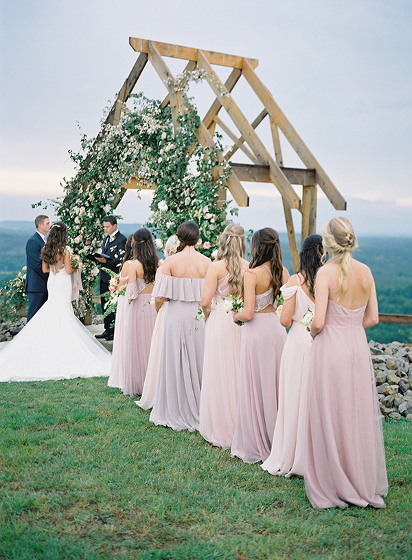 Multi Colored Bridal Gowns, Zimmerman Events, Arkansas Wedding, Meadow on the Mountain, Floral Wedding Arch, Romantic Luxury Wedding  | Heather Payne Photography