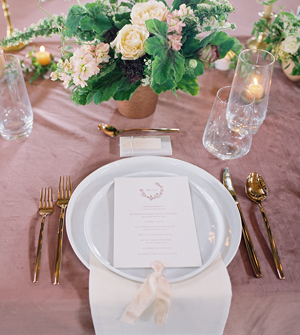 Mauve Wedding Table, Velvet Linens, Pink Wedding flowers, Martha Stewart Weddings, Fine Art Film Photographer  | Heather Payne Photography