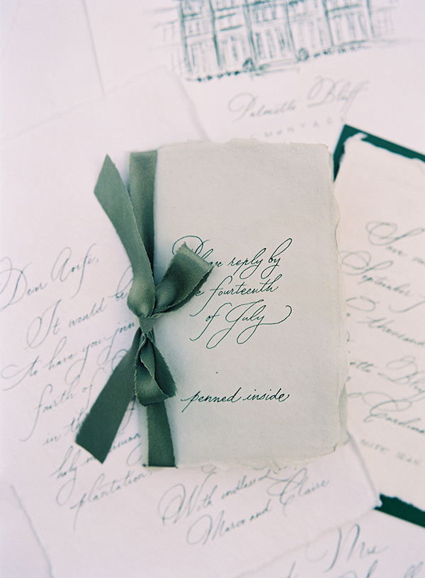 Emerald Wedding Invitation, Calligraphy, Fine Art Wedding at Montage Palmetto Bluff  | Heather Payne Photography