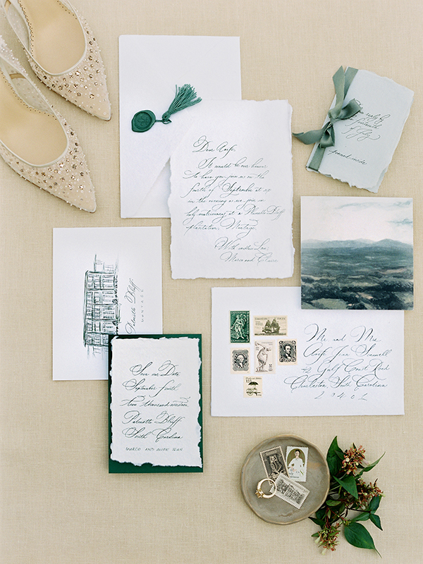 Emerald Green Wedding Invitations, Calligraphy, Montage Palmetto Bluff, Bella Belle, Charleston Wedding  | Heather Payne Photography