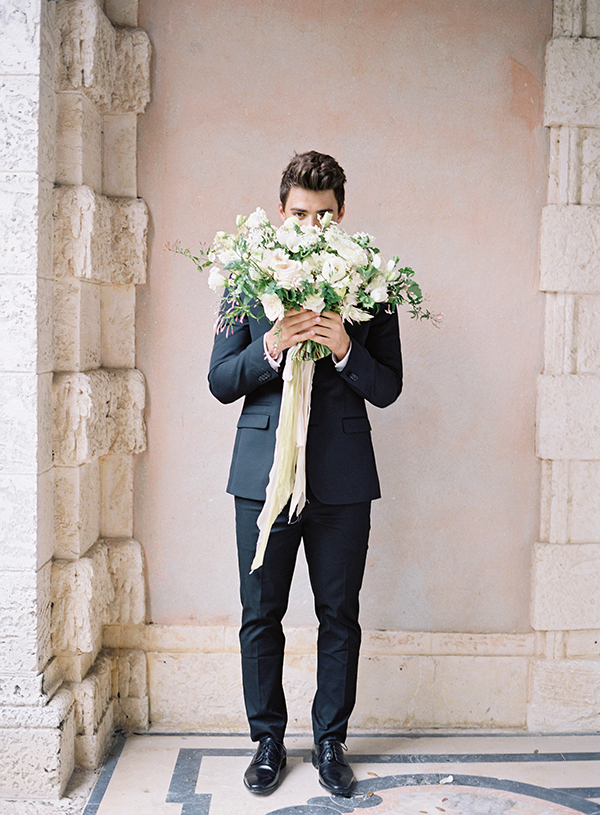 Groom and Bouquet, White Flowers, Pink Wedding Venue, Vizcaya Miami Wedding Photographer  | Heather Payne Photography
