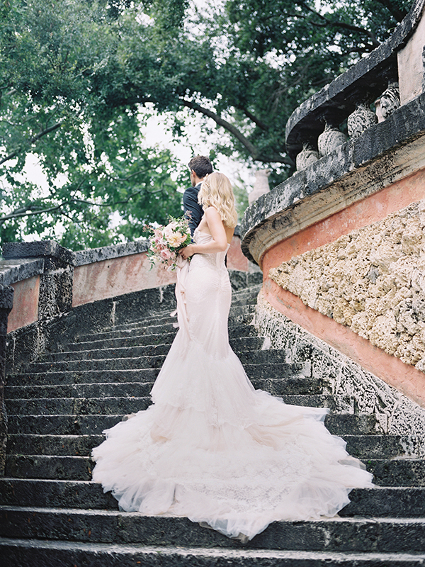 Dramatic Wedding Gown Train, Inbal Dror Wedding Gown, Vizcaya Museum and Gardens Staircase, Miami Wedding Photographer  | Heather Payne Photography