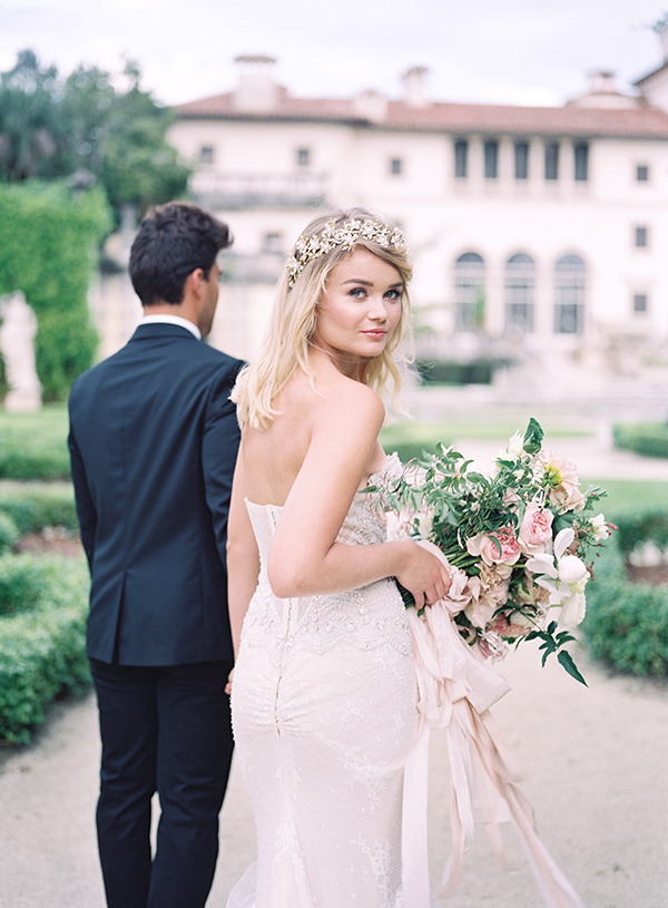 Miami Wedding Photographer, Bridal Fashion Photographer, Villa Vizcaya Museum and Gardens, Inbal Dror, Luxury Wedding, Pink Venue  | Heather Payne Photography